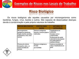 Os riscos biológicos são aqueles causados por microorganismos como
bactérias, fungos, vírus, bacilos e outros. São capazes de desencadear doenças
devido à contaminação e pela própria natureza do trabalho.
 
