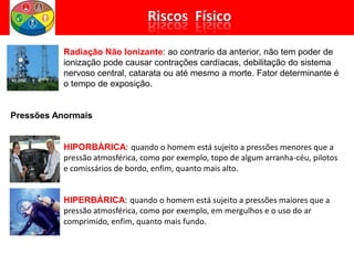 Radiação Não Ionizante: ao contrario da anterior, não tem poder de
ionização pode causar contrações cardíacas, debilitação do sistema
nervoso central, catarata ou até mesmo a morte. Fator determinante é
o tempo de exposição.
Pressões Anormais
HIPORBÁRICA: quando o homem está sujeito a pressões menores que a
pressão atmosférica, como por exemplo, topo de algum arranha-céu, pilotos
e comissários de bordo, enfim, quanto mais alto.
HIPERBÁRICA: quando o homem está sujeito a pressões maiores que a
pressão atmosférica, como por exemplo, em mergulhos e o uso do ar
comprimido, enfim, quanto mais fundo.
 