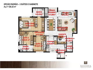 Material Provisório
   OPÇÃO PADRÃO – 3 SUÍTES E GABINETE
   A p = 120,32 m²
                                                     ESPAÇO
                                        BANHO       GOURMET           SACADA
                                       A=4,28m²     A=3,88m²         A=4,96m²



                         SUÍTE CASAL
                          A=16,31m²
                                                               ESTAR/JANTAR
                                                                 A=27,42m²
                                   CIRCULAÇÃO
                                    A=2,12m²                     GABINETE
                                                                 A=3,42 m²
                       SUÍTE 2                                           VESTÍBULO
                      A=8,81 m²                                          A=1,85m²
                                                   COZINHA
                                        SUÍTE 1    A=8,06m²
                       BANHO           A=9,07 m²                           LAVABO
                      A=3,80m²                                            A=2,21m²
                                                              ÁREA SERVIÇO
                                                                A=4,85m²
 