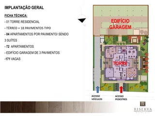 Material Provisório
 IMPLANTAÇÃO GERAL
 FICHA TÉCNICA:
 - 01 TORRE RESIDENCIAL                               EDIFÍCIO
 - TÉRREO + 18 PAVIMENTOS TIPO                       GARAGEM
 - 04 APARTAMENTOS POR PAVIMENTO/ SENDO
 3 SUÍTES
 - 72 APARTAMENTOS
 - EDIFÍCIO GARAGEM DE 3 PAVIMENTOS
 -171 VAGAS
                                                      TORRE




                                          ACESSO       ACESSO
                                          VEÍCULOS     PEDESTRES
 