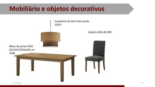 10
Mobiliário e objetos decorativos
Cadeira IKEA 49,99€
Mesa de jantar IKEA
201/247/293x105 cm
329€
Candeeiro de teto Gato...