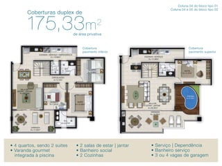 Coluna 04 do bloco tipo 01
                                                                     Coluna 04 e 05 do bloco tipo 02
        Coberturas duplex de

       175,33 m                              2
                              de área privativa


                                   Cobertura                                    Cobertura
                                   pavimento inferior                           pavimento superior




• 4 quartos, sendo 2 suítes    • 2 salas de estar | jantar   • Serviço | Dependência
• Varanda gourmet              • Banheiro social             • Banheiro serviço
  integrada à piscina          • 2 Cozinhas                  • 3 ou 4 vagas de garagem
 