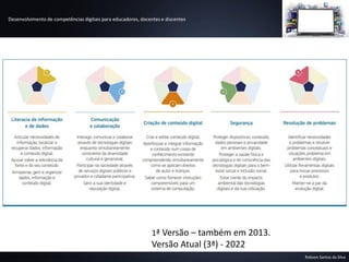 Desenvolvimento de competências digitais para educadores, docentes e discentes
Robson Santos da Silva
1ª Versão – também em 2013.
Versão Atual (3ª) - 2022
 