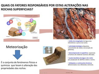 QUAIS OS FATORES RESPONSÁVEIS POR ESTAS ALTERAÇÕES NAS
ROCHAS SUPERFICIAIS?




    Meteorização


É o conjunto de fenómenos físicos e
químicos que levam à alteração das
propriedades das rochas.
 