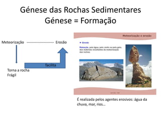 Génese das Rochas Sedimentares
                Génese = Formação

Meteorização ---------------------- Erosão




                            facilita
   Torna a rocha
   Frágil




                                             É realizada pelos agentes erosivos: água da
                                             chuva, mar, rios…
 