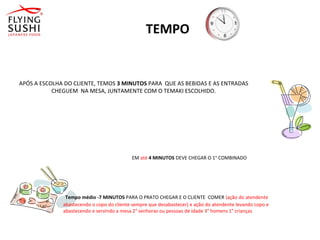TEMPO
APÓS A ESCOLHA DO CLIENTE, TEMOS 3 MINUTOS PARA QUE AS BEBIDAS E AS ENTRADAS
CHEGUEM NA MESA, JUNTAMENTE COM O TEMAKI ESCOLHIDO.
EM até 4 MINUTOS DEVE CHEGAR O 1° COMBINADO
Tempo médio -7 MINUTOS PARA O PRATO CHEGAR E O CLIENTE COMER (ação do atendente
abastecendo o copo do cliente sempre que desabastecer) e ação do atendente levando copo e
abastecendo e servindo a mesa 2° senhoras ou pessoas de idade 3° homens 1° crianças
 