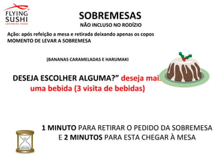SOBREMESAS
NÃO INCLUSO NO RODÍZIO
(BANANAS CARAMELADAS E HARUMAKI
DESEJA ESCOLHER ALGUMA?” deseja mais
uma bebida (3 visita de bebidas)
Ação: após refeição a mesa e retirada deixando apenas os copos
MOMENTO DE LEVAR A SOBREMESA
1 MINUTO PARA RETIRAR O PEDIDO DA SOBREMESA
E 2 MINUTOS PARA ESTA CHEGAR À MESA
 