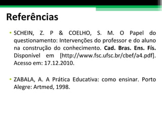 Referências SCHEIN, Z. P & COELHO, S. M. O Papel do questionamento: Intervenções do professor e do aluno na construção do conhecimento.  Cad. Bras. Ens. Fís.  Disponível em [http://www.fsc.ufsc.br/cbef/a4.pdf]. Acesso em: 17.12.2010. ZABALA, A. A Prática Educativa: como ensinar. Porto Alegre: Artmed, 1998. 