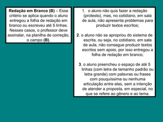 Redação em Branco (B) – Esse
critério se aplica quando o aluno
entregou a folha de redação em
branco ou escreveu até 5 linhas.
Nesses casos, o professor deve
assinalar, na planilha de correção,
o campo (B).
1. o aluno não quis fazer a redação
(protesto), mas, no cotidiano, em sala
de aula, não apresenta problemas para
produzir textos escritos;
2. o aluno não se apropriou do sistema de
escrita, ou seja, no cotidiano, em sala
de aula, não consegue produzir textos
escritos sem apoio, por isso entregou a
folha de redação em branco;
3. o aluno preencheu o espaço de até 5
linhas (com letra de tamanho padrão ou
letra grande) com palavras ou frases
com pouquíssima ou nenhuma
articulação entre elas, sem a intenção
de atender a proposta, em especial, no
que se refere ao gênero e ao tema.
 