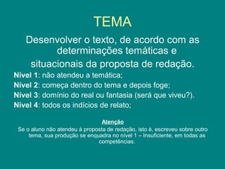 TEMA
Desenvolver o texto, de acordo com as
determinações temáticas e
situacionais da proposta de redação.
Nível 1: não atendeu a temática;
Nível 2: começa dentro do tema e depois foge;
Nível 3: domínio do real ou fantasia (será que viveu?).
Nível 4: todos os indícios de relato;
Atenção
Se o aluno não atendeu à proposta de redação, isto é, escreveu sobre outro
tema, sua produção se enquadra no nível 1 – Insuficiente, em todas as
competências.
 