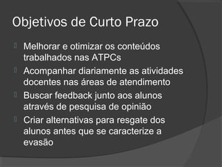 Objetivos de Curto Prazo
 Melhorar e otimizar os conteúdos
  trabalhados nas ATPCs
 Acompanhar diariamente as atividades
  docentes nas áreas de atendimento
 Buscar feedback junto aos alunos
  através de pesquisa de opinião
 Criar alternativas para resgate dos
  alunos antes que se caracterize a
  evasão
 