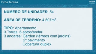 Ficha Técnica
NÚMERO DE UNIDADES: 54
ÁREA DE TERRENO: 4.507m2
TIPO: Apartamento
3 Torres, 6 aptos/andar
3 andares: Garden (térreos com jardins)
2º pavimento
Cobertura duplex
 