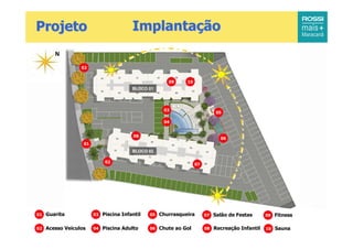 Projeto                                  Implantação
        N

                  02


                                                        09     10
                                         BLOCO 01




                                                      03
                                                                               05

                                                      04


                                         08
                                                                                06
                   01
                                         BLOCO 02

                              02
                                                                    07




01   Guarita            03   Piscina Infantil   05   Churrasqueira       07   Salão de Festas      09   Fitness

02   Acesso Veículos    04   Piscina Adulto     06   Chute ao Gol        08   Recreação Infantil   10   Sauna
 