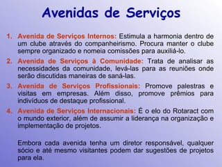 Avenidas de Serviços
1. Avenida de Serviços Internos: Estimula a harmonia dentro de
   um clube através do companheirismo. Procura manter o clube
   sempre organizado e nomeia comissões para auxiliá-lo.
2. Avenida de Serviços à Comunidade: Trata de analisar as
   necessidades da comunidade, levá-las para as reuniões onde
   serão discutidas maneiras de saná-las.
3. Avenida de Serviços Profissionais: Promove palestras e
   visitas em empresas. Além disso, promove prêmios para
   indivíduos de destaque profissional.
4. Avenida de Serviços Internacionais: É o elo do Rotaract com
   o mundo exterior, além de assumir a liderança na organização e
   implementação de projetos.

   Embora cada avenida tenha um diretor responsável, qualquer
   sócio e até mesmo visitantes podem dar sugestões de projetos
   para ela.
 