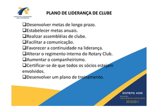 PLANO DE LIDERANÇA DE CLUBE

  Desenvolver metas de longo prazo.
  Estabelecer metas anuais.
  Realizar assembléias de clube.
  Facilitar a comunicação.
  Favorecer a continuidade na liderança.
  Alterar o regimento interno do Rotary Club.
  Aumentar o companheirismo.
  Certificar-se de que todos os sócios estejam
envolvidos.
  Desenvolver um plano de treinamento.
 