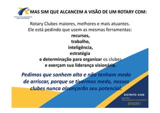 MAS SIM QUE ALCANCEM A VISÃO DE UM ROTARY COM:

   Rotary Clubes maiores, melhores e mais atuantes.
  Ele está pedindo que usem as mesmas ferramentas:
                        recursos,
                        trabalho,
                      inteligência,
                       estratégia
        e determinação para organizar os clubes
           e exerçam sua liderança visionária.
Pedimos que sonhem alto e não tenham medo
 de arriscar, porque se tivermos medo, nossos
    clubes nunca alcançarão seu potencial.
 