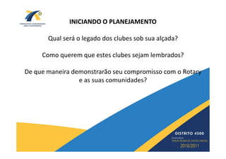 INICIANDO O PLANEJAMENTO

       Qual será o legado dos clubes sob sua alçada?

     Como querem que estes clubes sejam lembrados?

De que maneira demonstrarão seu compromisso com o Rotary
                 e as suas comunidades?
 