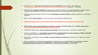  GONÇALVES, A.T. O lado obscuro da high tech na era do neoliberalismo: seu impacto no meio ambiente. In:
http://lixotecnologico.blogspot.com/2007/07/o-lado-obscuro-da-high-techna-era-do.html. Acesso em: 17 dez. 2020.
 KOHN, Stephanie. Aparelhos eletrônicos: programados para "estragar": conheça a "Teoria da Obsolescência", que afirma que as
empresas vendem produtos com vida útil curta apenas para garantir o consumo constante. Olhar digital, 30 dez. 2020.
 MARCONI, Marina de Andrade; LAKATOS, Eva Maria. Metodologia do trabalho científico: projetos de pesquisa. 8. ed. São Paulo:
Atlas, 2017.
 MELO, Fabiano. Direito ambiental. 2. ed. Rio de Janeiro: Forense; São Paulo: MÉTODO, 2017.
 Prefeitura Municipal de Campina. Disponível em: https://campinagrande.pb.gov.br/. Acesso em: 09 de out. 2021.
 NOVO. Benigno Nunes. Responsabilidade socioambiental. Jus Brasil. Jan. 2019. Acesso em: 14 out 2021. Disponível em:
https://jus.com.br/artigos/71763/responsabilidade-socioambiental.
 RODRIGUES, Marcelo Abelha. Direito ambiental esquematizado. Pedro Lenza (coord.). 3. ed. São Paulo: Saraiva, 2016.
 SILVA, C.A.; ANDREOLI, C.V. Compostagem como alternativa à disposição final dos resíduos gerados na CEASA Curitiba/PR.
Rev. Engenharia Ambiental- Espírito Santo do Pinhal, v. 7, n. 2, p. 027-040, 2010.
 SILVA FILHO, Carlos Roberto Vieira da. Gestão de resíduos sólidos [livro eletrônico]: o que diz a lei. 3. ed. São Paulo: Trevisan
Editora, 2015.
 SILVA, Jussara Severo da. Gestão de resíduos sólidos e sua importância para a sustentabilidade urbana no Brasil: uma análise
regionalizada baseada em dados do SNIS. In: IPEA: boletim regional, urbano e ambiental nº 12, 2015. Disponível em:
http://repositorio.ipea.gov.br/bitstream/11058/6493/1/BRU_n12_Gest%C3%A3o.pdf Acesso em: 29 abr. 2021.
 