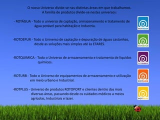 O nosso Universo divide-se nas distintas áreas em que trabalhamos.A família de produtos divide-se nestes universos: - ROTÁGUA - Todo o universo de captação, armazenamento e tratamento de                        água potável para habitação e Industria.ROTDEPUR - Todo o Universo de captação e depuração de águas castanhas, desde as soluções mais simples até às ETARES.ROTQUIMICA - Todo o Universo de armazenamento e tratamento de líquidos                            químicos.ROTURB - Todo o Universo de equipamentos de armazenamento e utilização                    em meio urbano e Industrial.ROTPLUS - Universo de produtos ROTOPORT e clientes dentro das mais                    diversas áreas, passando desde os cuidados médicos a meios                    agrícolas, Industriais e lazer.        