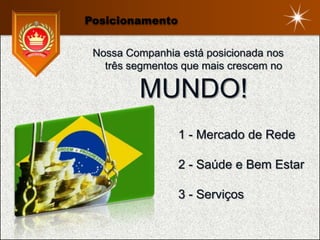 Posicionamento


 Nossa Companhia está posicionada nos
   três segmentos que mais crescem no

         MUNDO!
                 1 - Mercado de Rede

                 2 - Saúde e Bem Estar

                 3 - Serviços
 