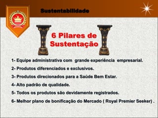 Sustentabilidade



                  6 Pilares de
                  Sustentação

1- Equipe administrativa com grande experiência empresarial.
2- Produtos diferenciados e exclusivos.
3- Produtos direcionados para a Saúde Bem Estar.
4- Alto padrão de qualidade.
5- Todos os produtos são devidamente registrados.
6- Melhor plano de bonificação do Mercado ( Royal Premier Seeker) .
 