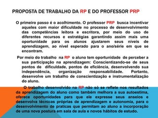 PROPOSTA DE TRABALHO DA RP E DO PROFESSOR PRP

 O primeiro passo é o acolhimento. O professor PRP busca incentivar
    aqueles com maior dificuldade no processo de desenvolvimento
    das competências leitora e escritora, por meio do uso de
    diferentes recursos e estratégias garantindo assim mais uma
    oportunidade para os alunos ajustarem seus níveis de
    aprendizagem, ao nível esperado para o ano/série em que se
    encontram.
 Por meio do trabalho na RP o aluno tem oportunidade de perceber a
   sua participação na aprendizagem: Conscientizando-se de seus
   pontos de dificuldade, pontos de eficiência, desenvolvendo sua
   independência,     organização    responsabilidade.   Portanto,
   desenvolve um trabalho de conscientização e instrumentalização
   do aluno.
     O trabalho desenvolvido na RP não só se reflete nos resultados
 da aprendizagem do aluno como também melhora a sua autoestima,
 oferece oportunidades para que ele expresse seus anseios e
 desenvolva técnicas próprias de aprendizagem e autonomia, para o
 desenvolvimento de praticas que permitam ao aluno a incorporação
 de uma nova postura em sala de aula e novos hábitos de estudo.
 