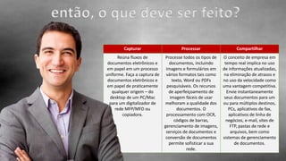 Capturar Processar Compartilhar
Reúna fluxos de
documentos eletrônicos e
em papel em um processo
uniforme. Faça a captura de
documentos eletrônicos e
em papel de praticamente
qualquer origem – do
desktop de um PC/Mac
para um digitalizador de
rede MFP/MFD ou
copiadora.
Processe todos os tipos de
documentos, incluindo
imagens e formulários em
vários formatos tais como
texto, Word ou PDFs
pesquisáveis. Os recursos
de aperfeiçoamento de
imagem fáceis de usar
melhoram a qualidade dos
documentos. O
processamento com OCR,
códigos de barras,
gerenciamento de imagens,
serviços de documentos e
conversão de documentos
permite sofisticar a sua
rede.
O conceito de empresa em
tempo real implica no uso
de informações atualizadas,
na eliminação de atrasos e
no uso da velocidade como
uma vantagem competitiva.
Envie instantaneamente
seus documentos para um
ou para múltiplos destinos,
PCs, aplicativos de fax,
aplicativos de linha de
negócios, e-mail, sites de
FTP, pastas de rede e
arquivos, bem como
sistemas de gerenciamento
de documentos.
então, o que deve ser feito?
 