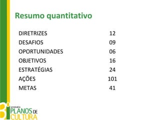 Resumo quantitativo
DIRETRIZES            12
DESAFIOS              09
OPORTUNIDADES         06
OBJETIVOS             16
ESTRATÉGIAS           24
AÇÕES                 101
METAS                 41
 