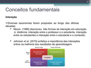 7

Conceitos fundamentais
Interação
Diversas taxonomias foram propostas ao longo das últimas
décadas:
 Moore (1989) descreveu três formas de interação em educação
à distância: interação entre o professor e o estudante, interação
entre os estudantes e interação entre o estudante e o conteúdo;
 Johnson et al. (2010) enfatiza a importância das interações
online na melhoria dos resultados de aprendizagem.

 