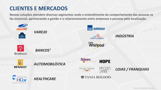 VAREJO
AUTOMOBILÍSTICA
BANCOS¹
¹ Clientes em POC operacional / negociações
LOJAS / FRANQUIAS
INDÚSTRIA
CLIENTES E MERCADOS
Nossas soluções atendem diversos segmentos onde o entendimento do comportamento das pessoas se
faz essencial, aprimorando a gestão e o relacionamento entre empresas e pessoas pela localização.
HEALTHCARE
 