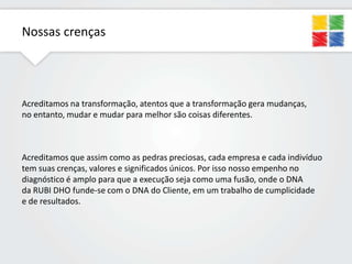 Nossas crenças

Acreditamos na transformação, atentos que a transformação gera mudanças,
no entanto, mudar e mudar para melhor são coisas diferentes.

Acreditamos que assim como as pedras preciosas, cada empresa e cada indivíduo
tem suas crenças, valores e significados únicos. Por isso nosso empenho no
diagnóstico é amplo para que a execução seja como uma fusão, onde o DNA
da RUBI DHO funde-se com o DNA do Cliente, em um trabalho de cumplicidade
e de resultados.

 