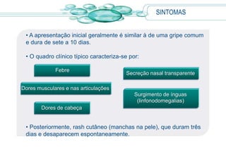 SINTOMAS
• A apresentação inicial geralmente é similar à de uma gripe comum
e dura de sete a 10 dias.
• O quadro clínico típico caracteriza-se por:
• Posteriormente, rash cutâneo (manchas na pele), que duram três
dias e desaparecem espontaneamente.
Febre
Dores musculares e nas articulações
Dores de cabeça
Secreção nasal transparente
Surgimento de ínguas
(linfonodomegalias)
 