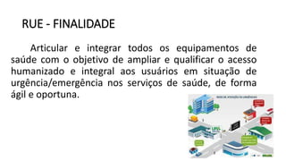 RUE - FINALIDADE
Articular e integrar todos os equipamentos de
saúde com o objetivo de ampliar e qualificar o acesso
humanizado e integral aos usuários em situação de
urgência/emergência nos serviços de saúde, de forma
ágil e oportuna.
 