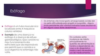 Esôfago
 Esôfago é um tubo muscular oco
localizado entre A traqueia e
coluna vertebral.
 Exemplo de uma doença no
esôfago é a doença de refluxo
gastroesofágico. Que consiste no
mau funcionamento dos
esfíncteres que são responsáveis
por permitir que a comida e o
suco digestivo no estômago não
volte.
• Os sintomas vão incluir gosto amargo/azedo acidez dor
no peito dificuldade para engolir e rouquidão . Alguns
sinais persistentes são vômitos mal-estar tosses excessivas
em alguns casos dores abdominais.
Os cuidados serão
mudanças de hábito
principalmente na
questão da alimentação e
horário e dependendo do
caso e do diagnóstico
médico será necessário o
uso de medicamentos.
 