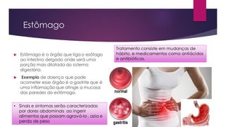 Estômago
 Estômago é o órgão que liga o esôfago
ao intestino delgado onde será uma
porção mais dilatada do sistema
digestório.
 Exemplo de doença que pode
acometer esse órgão é a gastrite que é
uma inflamação que atinge a mucosa
das paredes do estômago.
• Sinais e sintomas serão caracterizadas
por dores abdominais ao ingerir
alimentos que possam agravá-lo , azia e
perda de peso
Tratamento consiste em mudanças de
hábito, e medicamentos como antiácidos
e antibióticos.
 