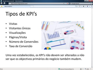 Tipos de KPI’s
• Visitas
• Visitantes Únicos
• Visualizações
• Páginas/Visita
• Número de Conversões
• Taxa de Conversão
Uma vez estabelecidos, os KPI’s não devem ser alterados a não
ser que os objectivos primários do negócio também mudem.
Sessão Assíncrona #1 – Web Analytics
http://www.diogovalente.com/
Web Analytics
Google Search
 