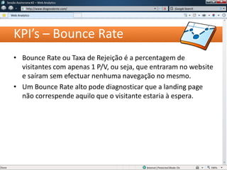 KPI’s – Bounce Rate
• Bounce Rate ou Taxa de Rejeição é a percentagem de
visitantes com apenas 1 P/V, ou seja, que entraram no website
e saíram sem efectuar nenhuma navegação no mesmo.
• Um Bounce Rate alto pode diagnosticar que a landing page
não correspende aquilo que o visitante estaria à espera.
Sessão Assíncrona #1 – Web Analytics
http://www.diogovalente.com/
Web Analytics
Google Search
 