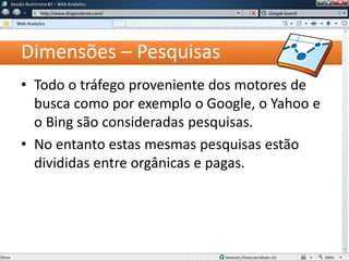 Dimensões – Pesquisas
Sessão Assíncrona #1 – Web Analytics
http://www.diogovalente.com/
Web Analytics
Google Search
• Todo o tráfego proveniente dos motores de
busca como por exemplo o Google, o Yahoo e
o Bing são consideradas pesquisas.
• No entanto estas mesmas pesquisas estão
divididas entre orgânicas e pagas.
 