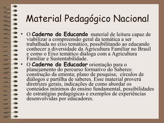 Material Pedagógico Nacional
• O Caderno do Educando material de leitura capaz de
viabilizar a compreensão geral da temática a ser
trabalhada no eixo temático, possibilitando ao educando
conhecer a diversidade da Agricultura Familiar no Brasil
e como o Eixo temático dialoga com a Agricultura
Familiar e Sustentabilidade.
• O Caderno do Educador orientação para o
planejamento do percurso formativo do Saberes:
construção da ementa; plano de pesquisa; círculos de
diálogos e partilha de saberes. Esse material proverá
diretrizes gerais, indicações de como abordar os
conteúdos mínimos do ensino fundamental, possibilidades
de estratégias pedagógicas e exemplos de experiências
desenvolvidas por educadores.

 