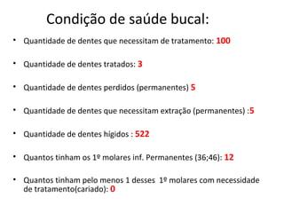 Condição de saúde bucal:
• Quantidade de dentes que necessitam de tratamento: 100
• Quantidade de dentes tratados: 3
• Quantidade de dentes perdidos (permanentes) 5
• Quantidade de dentes que necessitam extração (permanentes) :5
• Quantidade de dentes hígidos : 522
• Quantos tinham os 1º molares inf. Permanentes (36;46): 12
• Quantos tinham pelo menos 1 desses 1º molares com necessidade
de tratamento(cariado): 0
 