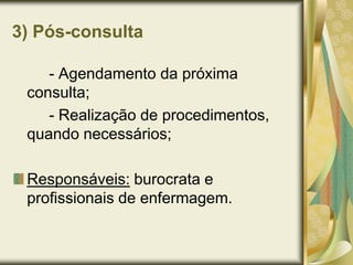 Rotina do Pré-natal1) Pré-consulta- Acolhimento da gestante;	- Verificar os sinais vitais: TA, peso e altura (somente na primeira consulta);	- Registrar na SIA/SUS;Responsável: Auxiliar e/ou Técnico de Enfermagem.