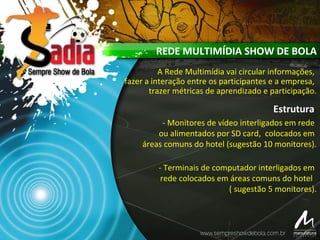 REDE MULTIMÍDIA SHOW DE BOLA
A Rede Multimídia vai circular informações,
fazer a interação entre os participantes e a empresa,
trazer métricas de aprendizado e participação.
Estrutura
- Monitores de vídeo interligados em rede
ou alimentados por SD card, colocados em
áreas comuns do hotel (sugestão 10 monitores).
- Terminais de computador interligados em
rede colocados em áreas comuns do hotel
( sugestão 5 monitores).
 