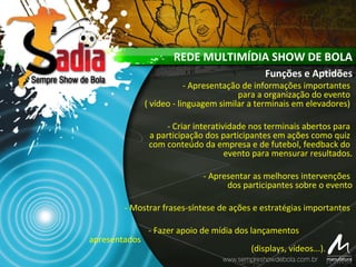 REDE MULTIMÍDIA SHOW DE BOLA
Funções e Aptidões
- Apresentação de informações importantes
para a organização do evento
( vídeo - linguagem similar a terminais em elevadores)
- Criar interatividade nos terminais abertos para
a participação dos participantes em ações como quiz
com conteúdo da empresa e de futebol, feedback do
evento para mensurar resultados.
- Apresentar as melhores intervenções
dos participantes sobre o evento
- Mostrar frases-síntese de ações e estratégias importantes
- Fazer apoio de mídia dos lançamentos
apresentados
(displays, vídeos...).
 
