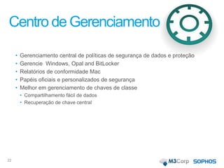 Centro de Gerenciamento
• Gerenciamento central de políticas de segurança de dados e proteção
• Gerencie Windows, Opal and BitLocker
• Relatórios de conformidade Mac
• Papéis oficiais e personalizados de segurança
• Melhor em gerenciamento de chaves de classe
• Compartilhamento fácil de dados
• Recuperação de chave central
22
 