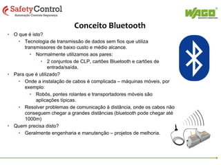 750-644 Módulo Bluetooth
Redução do custo de coordenação de comunicação entre
controladores
Comunicação poderosa Bluetooth 2.0
Segurança (Protocolo Industrial)
Fácil de Instalar
Status e Diangnóstico disponíveis
Compatível com todas as configurações de rede
Confiável para trabalhar com distâncias até 1000 mts com
utilização de antena externa

 