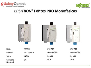 EPSITRON® Fontes PRO Monofásicas

Item

787-822

787-832

787-834

Entrada

110 - 240Vca

110 - 240Vca

110 - 240Vca

Saída

24 Vcc

24 Vcc

24 Vcc

Corrente
Nominal

5A

10 A

20 A

 