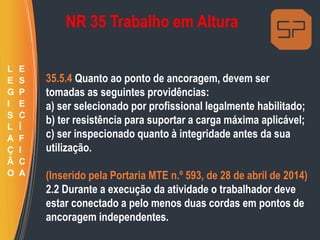 NR 35 Trabalho em Altura
35.5.4 Quanto ao ponto de ancoragem, devem ser
tomadas as seguintes providências:
a) ser selecionado por profissional legalmente habilitado;
b) ter resistência para suportar a carga máxima aplicável;
c) ser inspecionado quanto à integridade antes da sua
utilização.
(Inserido pela Portaria MTE n.º 593, de 28 de abril de 2014)
2.2 Durante a execução da atividade o trabalhador deve
estar conectado a pelo menos duas cordas em pontos de
ancoragem independentes.
L
E
G
I
S
L
A
Ç
Ã
O
E
S
P
E
C
Í
F
I
C
A
 