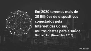 Em 2020 teremos mais de
20 Bilhões de dispositivos
conectados pela
Internet das Coisas,
muitos destes para a saúde.
Gartner, Inc. (November 2015)
 