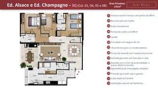 Ed. Alsace e Ed. Champagne - 3Q (Col. 01, 04, 05 e 08) 
Área Privativa: 
131m² 
Acessos social e serviço com portas de 90cm 
Área técnica para os condensadores 
Suítes Canadenses 
Lavabo 
Circulação com largura de 1m 
Boca de sala com 3,28m 
Portas da varanda sem travessa horizontal 
Varanda com 3,15m de profundidade e 
acesso direto à cozinha 
Dependência de empregada completa 
Previsão para Split sala e quartos 
Portas das suítes com 80cm 
Varanda gourmet com bancada e cuba 
Cuba dupla na Cozinha 
Ventilação natural nos banheiros  