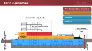 Corte Esquemático 
17 pavimentos + dep. de cob. 
Altura do parque 
em relação ao mezanino 
3,40m 
Área de lazer interna (mezanino) 
Rua Da Lagoa 
Limite Lote 
Parque 
Limite Lote 
Térreo 
Lobby 
H=6m 
Pé direito 
duplo 
Subsolo 1 
Subsolo 2 
Piso a teto acabado nas unidades 
H=2,55m  